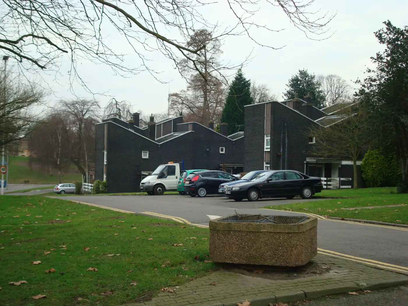 Modern flat-roofed terraced houses beside a green near Crystal Palace Park