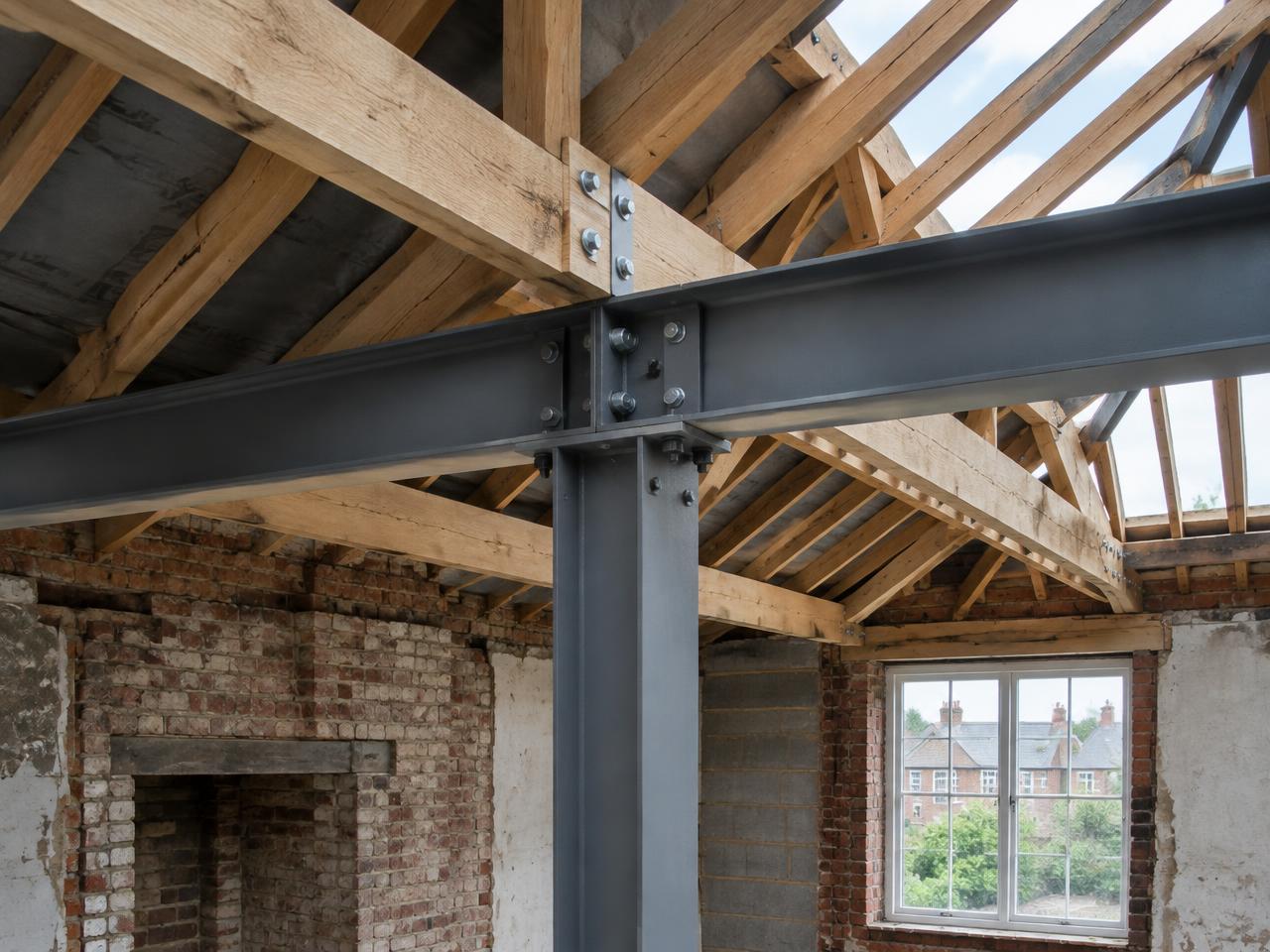 Exposed structural framework and connections in a residential building