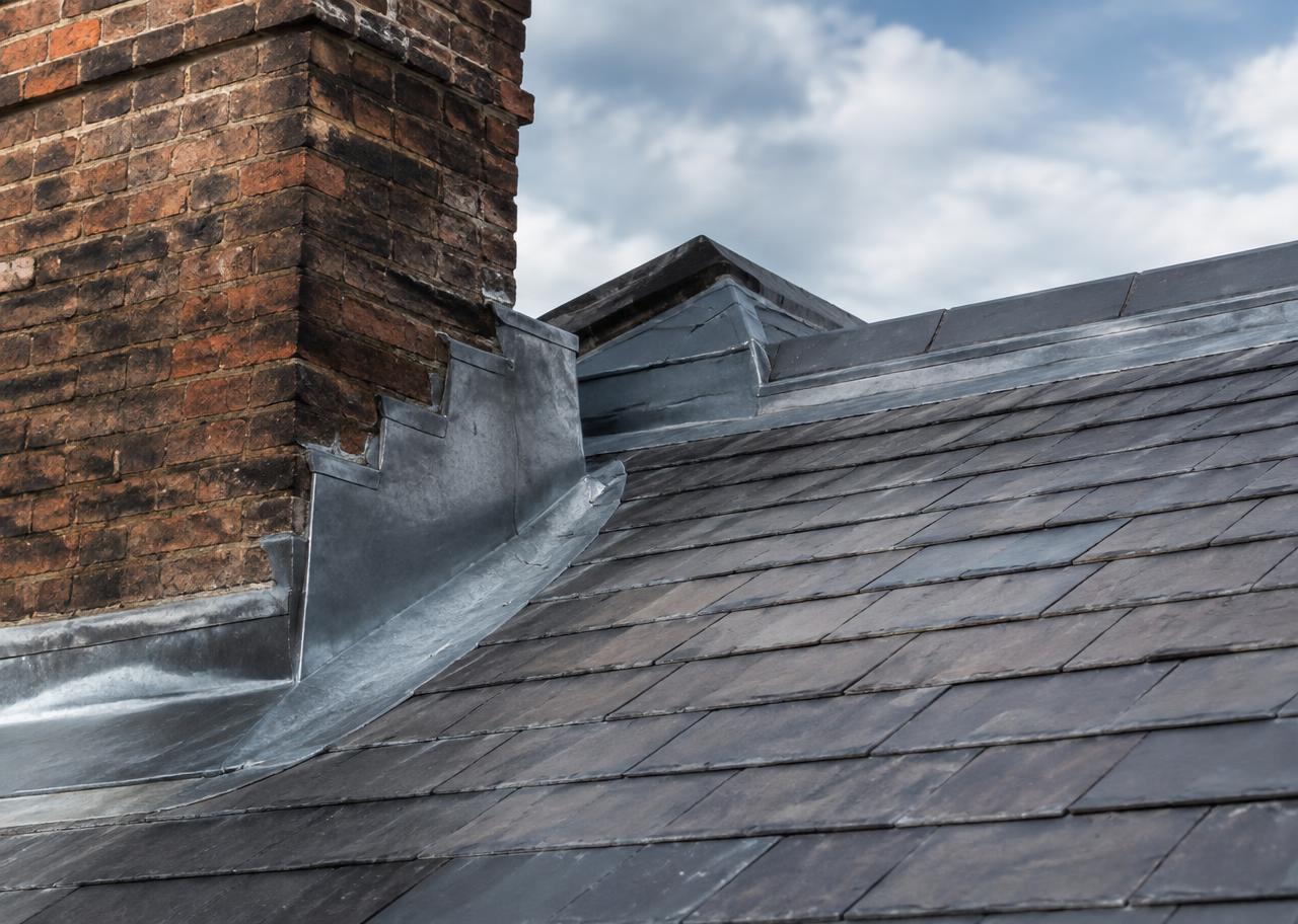 Aerial view of slate roofs on a London terrace